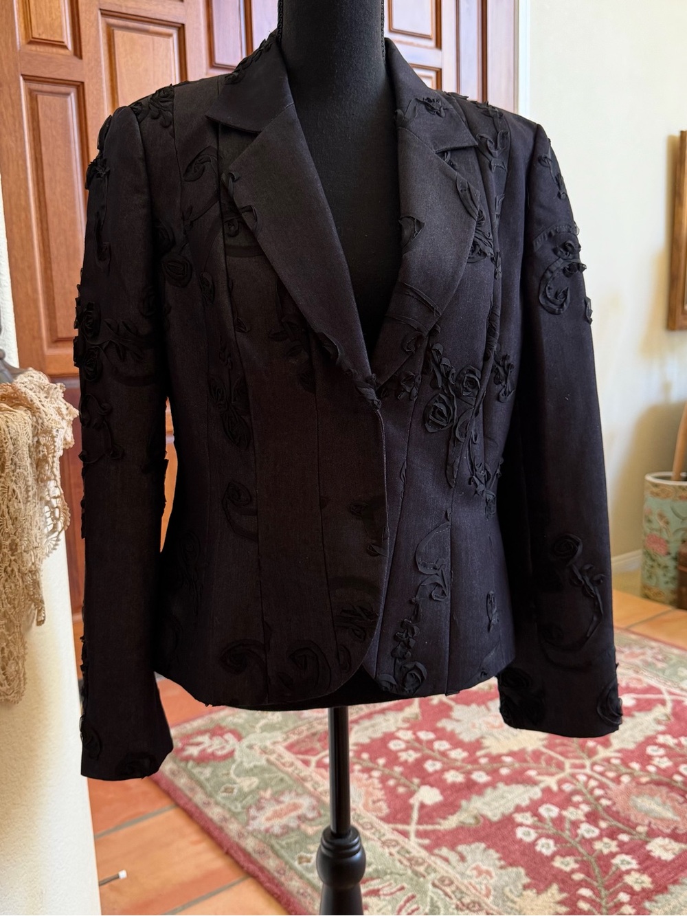 Lena Gabrielle New York Jacket Black Ribbon Floral Design Collared Button Sz 10